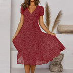 Ditsy Floral Print V-Neck Short Sleeve A-Line Midi Dress