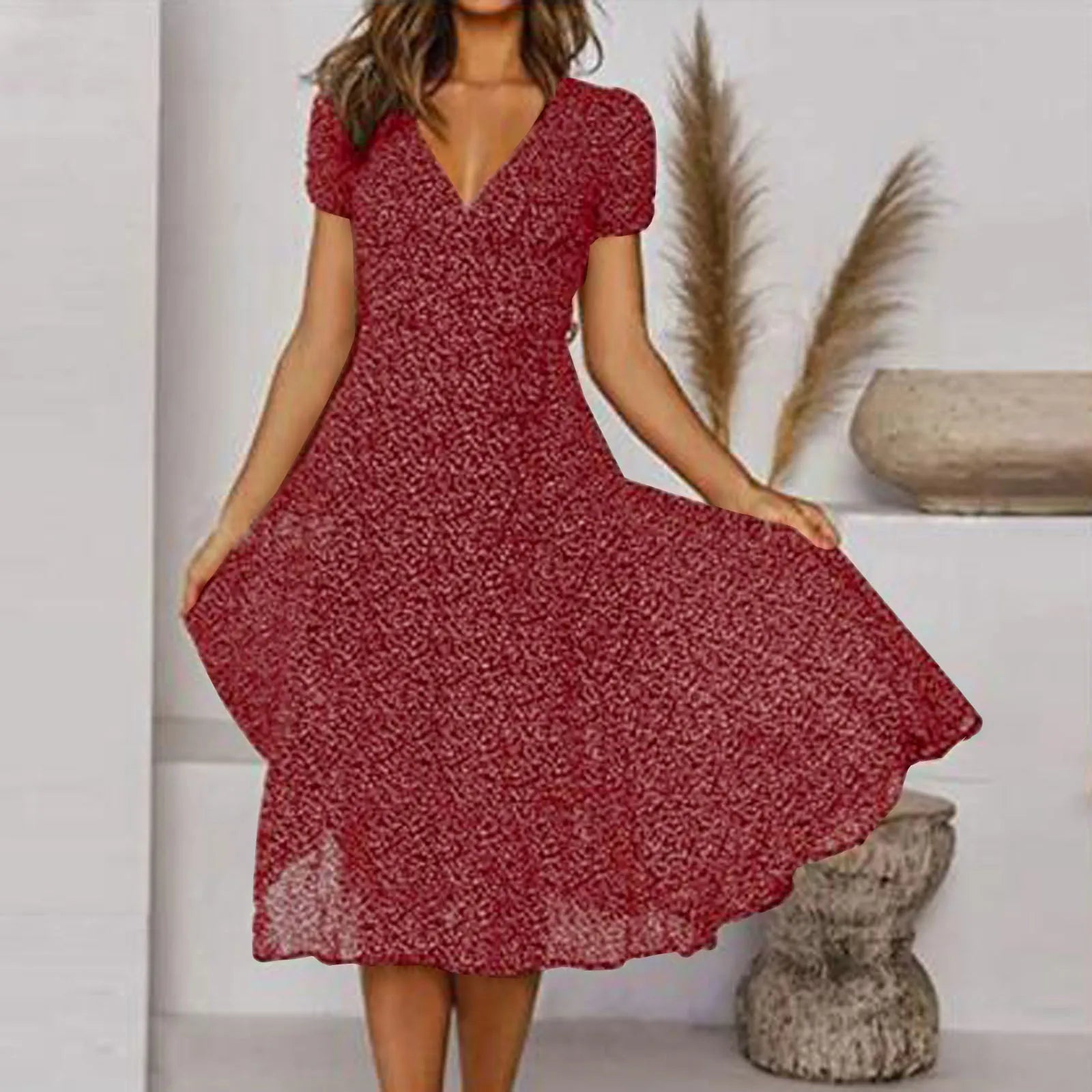 Ditsy Floral Print V-Neck Short Sleeve A-Line Midi Dress