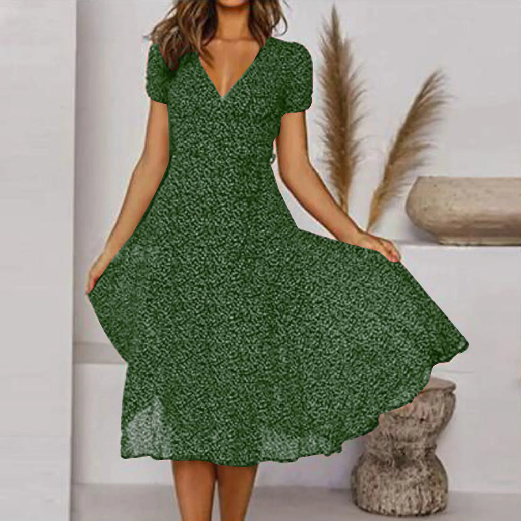 Ditsy Floral Print V-Neck Short Sleeve A-Line Midi Dress