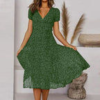 Ditsy Floral Print V-Neck Short Sleeve A-Line Midi Dress
