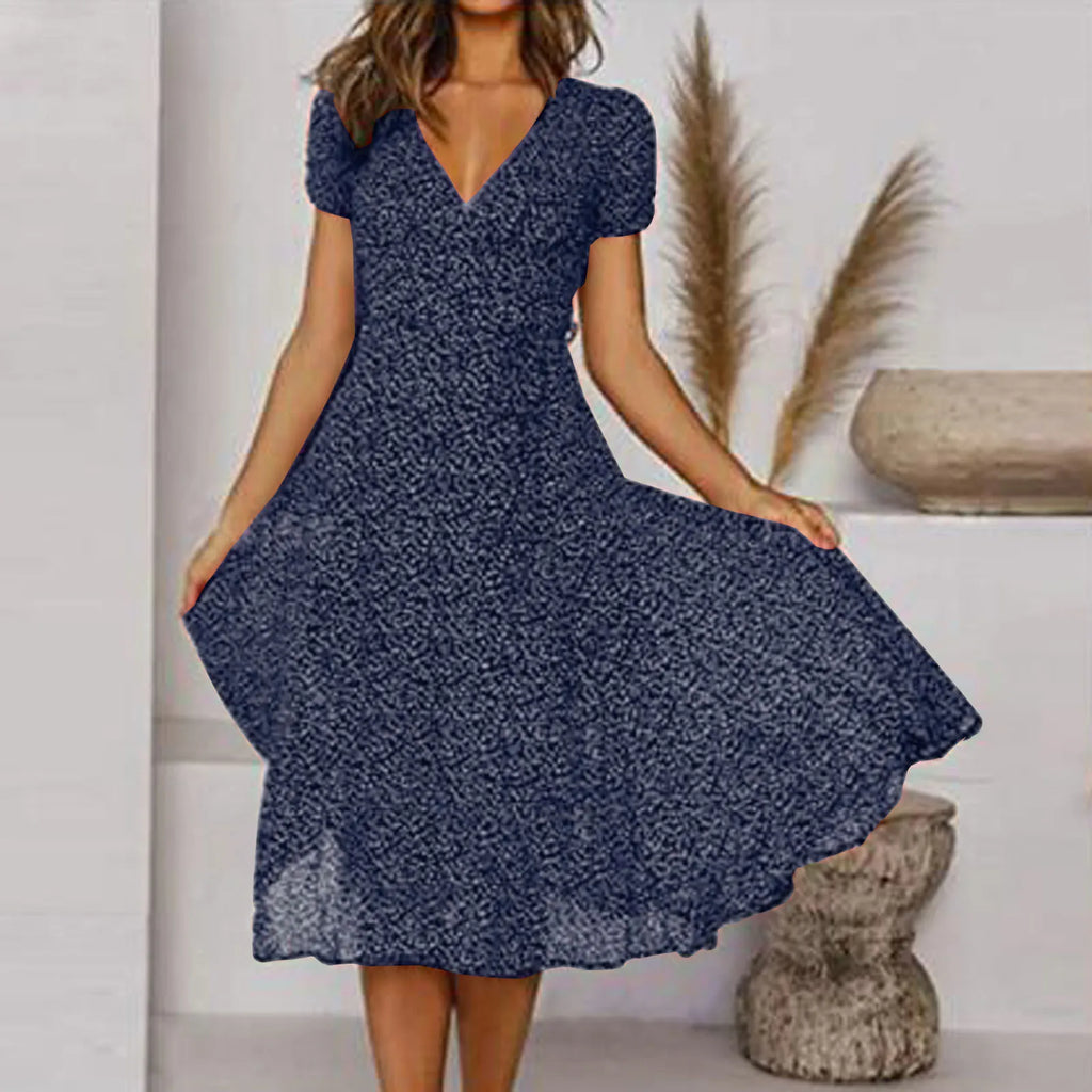 Ditsy Floral Print V-Neck Short Sleeve A-Line Midi Dress