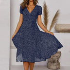 Ditsy Floral Print V-Neck Short Sleeve A-Line Midi Dress