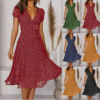 Ditsy Floral Print V-Neck Short Sleeve A-Line Midi Dress