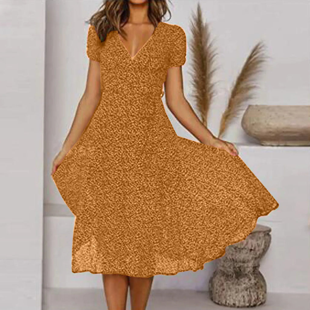 Ditsy Floral Print V-Neck Short Sleeve A-Line Midi Dress