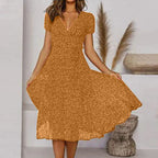 Ditsy Floral Print V-Neck Short Sleeve A-Line Midi Dress
