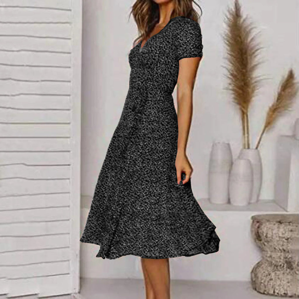 Ditsy Floral Print V-Neck Short Sleeve A-Line Midi Dress