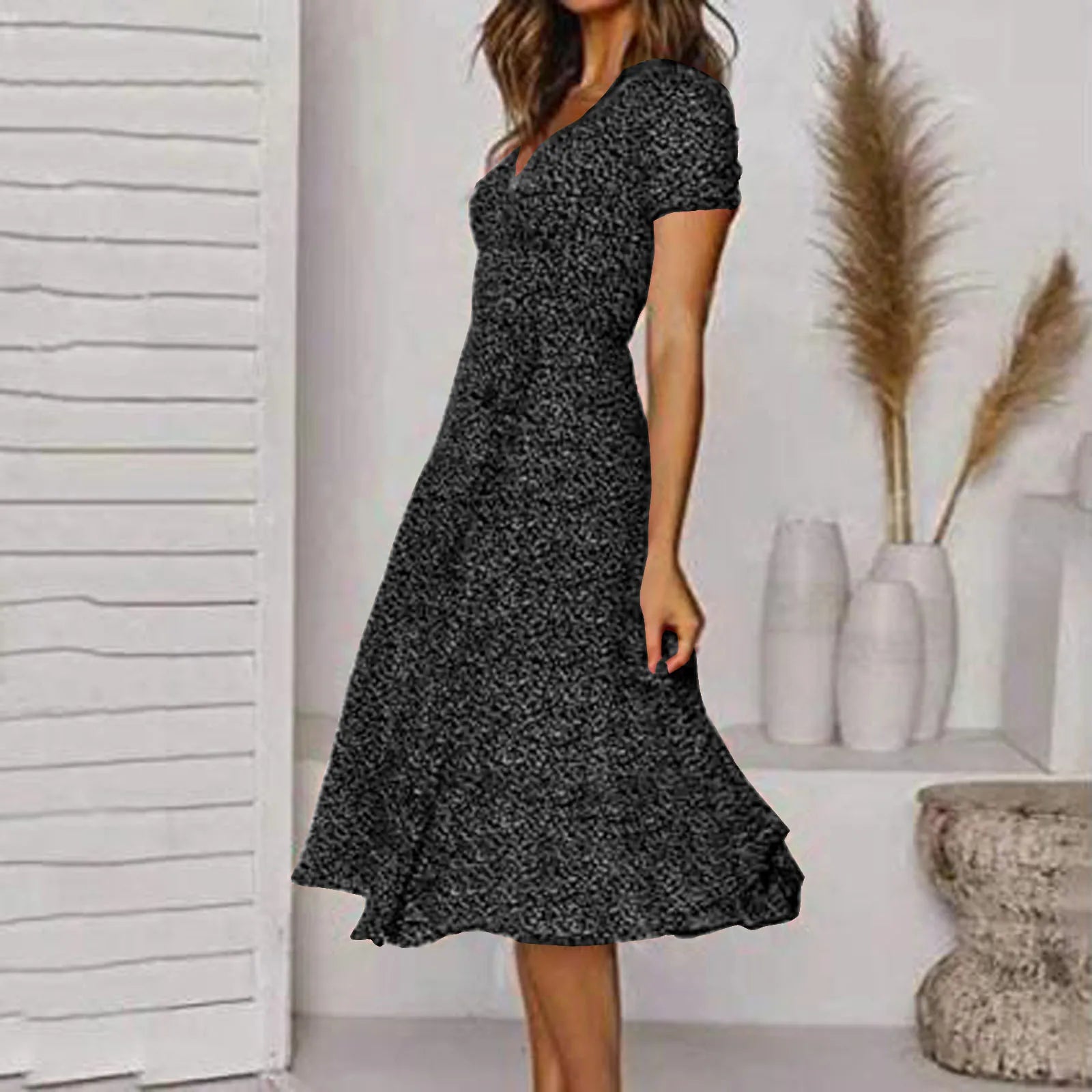 Ditsy Floral Print V-Neck Short Sleeve A-Line Midi Dress