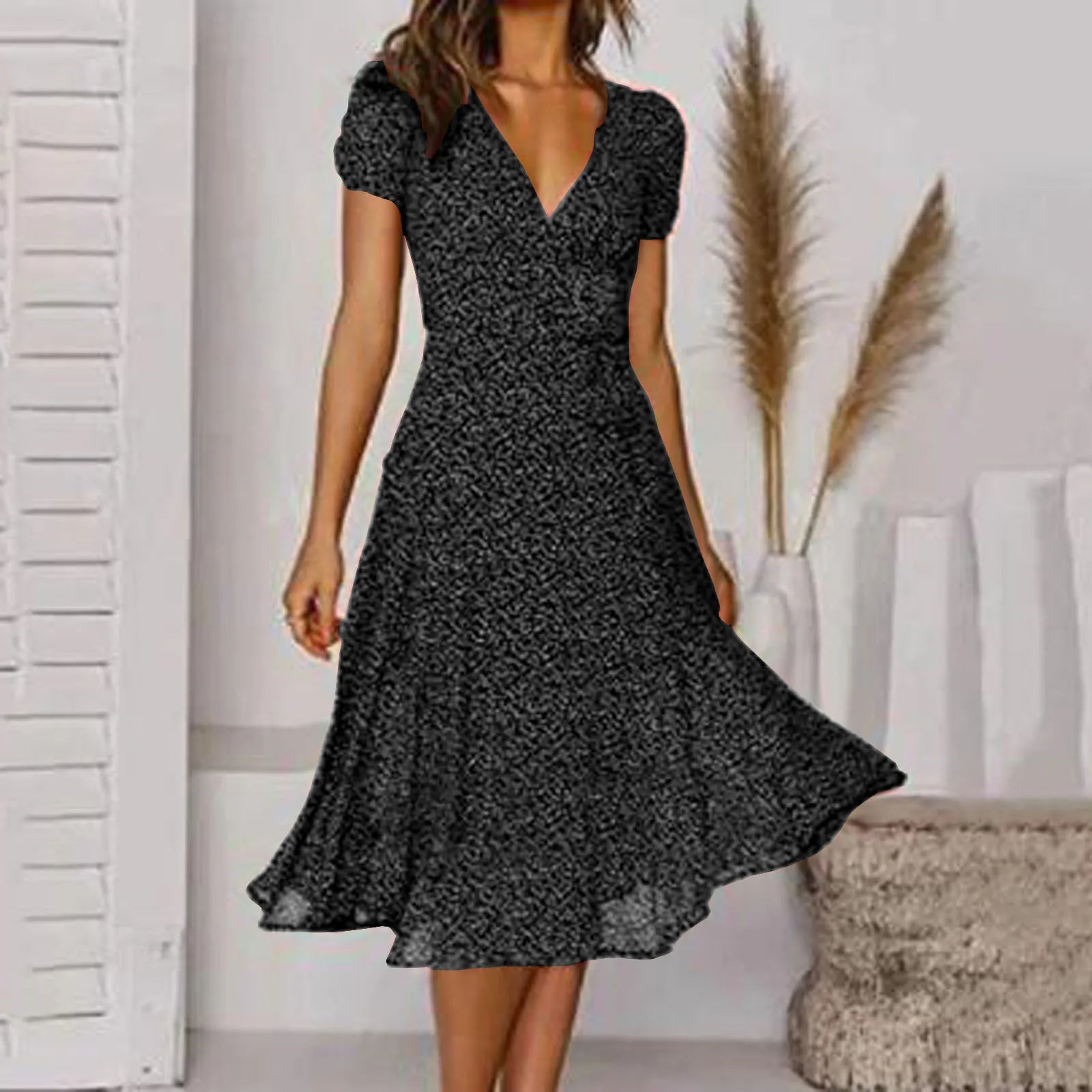 Ditsy Floral Print V-Neck Short Sleeve A-Line Midi Dress