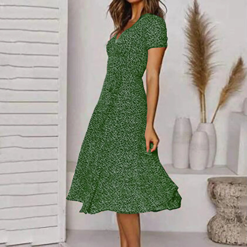 Ditsy Floral Print V-Neck Short Sleeve A-Line Midi Dress