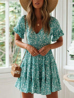 V Neck Flutter Sleeve Tiered Ruffle Ditsy Floral Babydoll Mini Dress