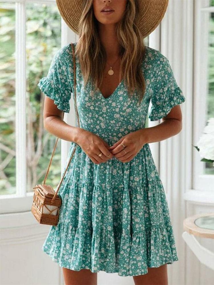 V Neck Flutter Sleeve Tiered Ruffle Ditsy Floral Babydoll Mini Dress