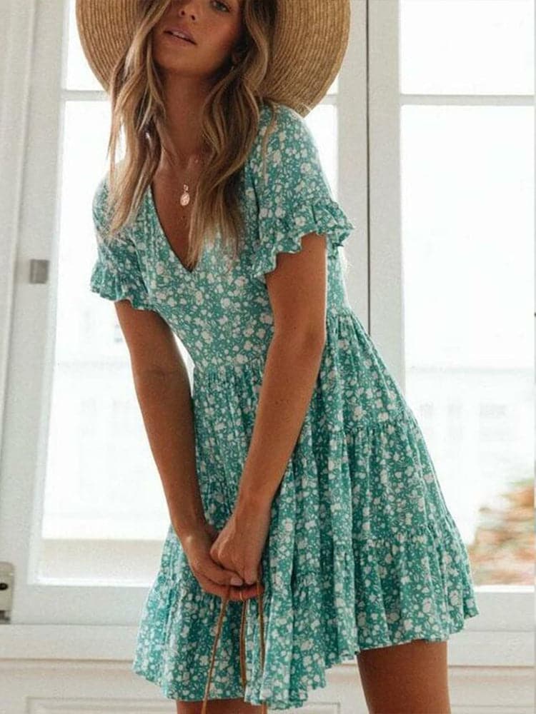 V Neck Flutter Sleeve Tiered Ruffle Ditsy Floral Babydoll Mini Dress