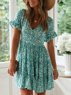 V Neck Flutter Sleeve Tiered Ruffle Ditsy Floral Babydoll Mini Dress