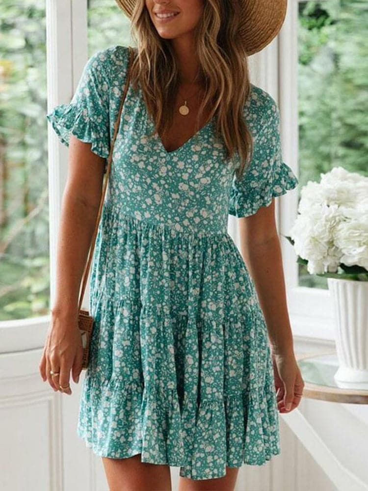 V Neck Flutter Sleeve Tiered Ruffle Ditsy Floral Babydoll Mini Dress