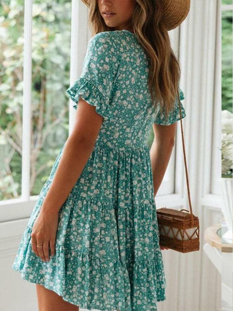V Neck Flutter Sleeve Tiered Ruffle Ditsy Floral Babydoll Mini Dress