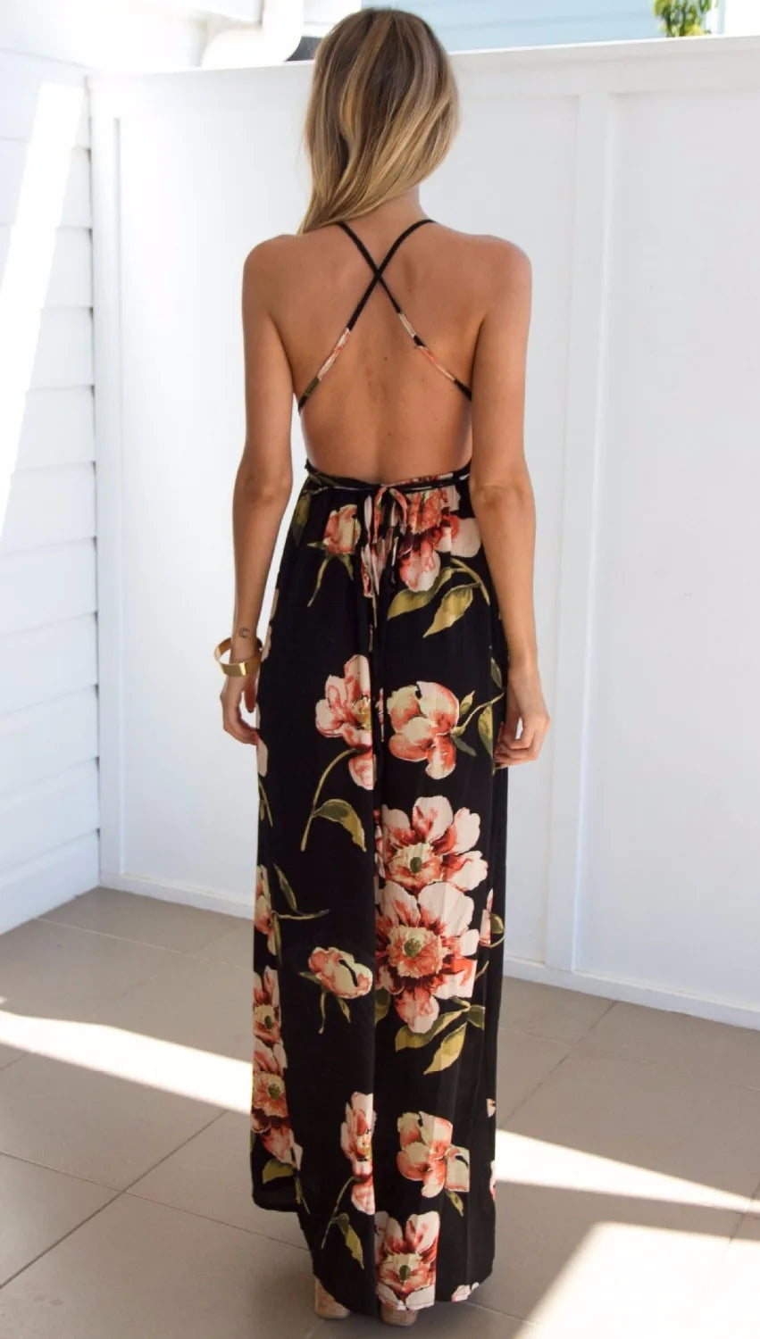 Floral Print Halter Deep V Empire Waist Thigh Slit Maxi Dress