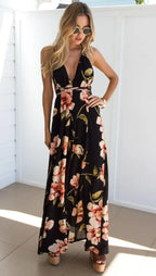 Floral Print Halter Deep V Empire Waist Thigh Slit Maxi Dress