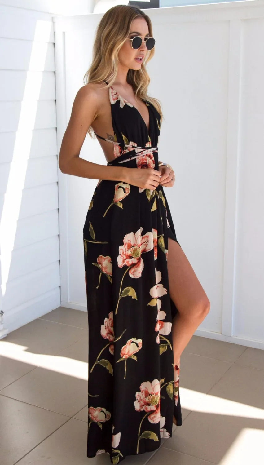 Floral Print Halter Deep V Empire Waist Thigh Slit Maxi Dress