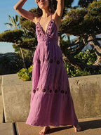 Floral Embroidery Plunging V-Neck Tie Waist Tiered Gauze Maxi Dress
