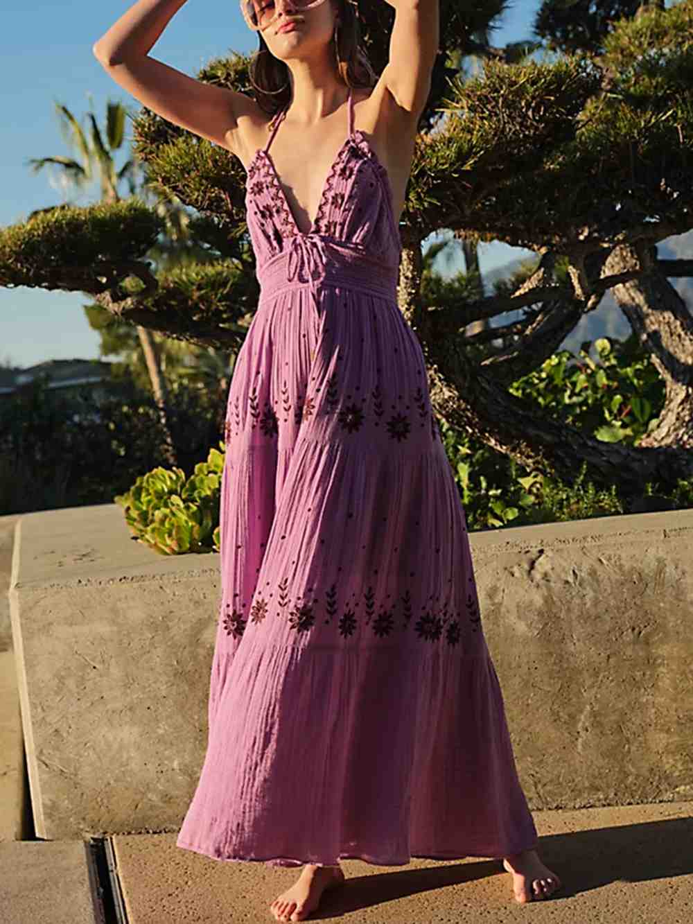 Floral Embroidery Plunging V-Neck Tie Waist Tiered Gauze Maxi Dress