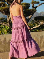 Floral Embroidery Plunging V-Neck Tie Waist Tiered Gauze Maxi Dress