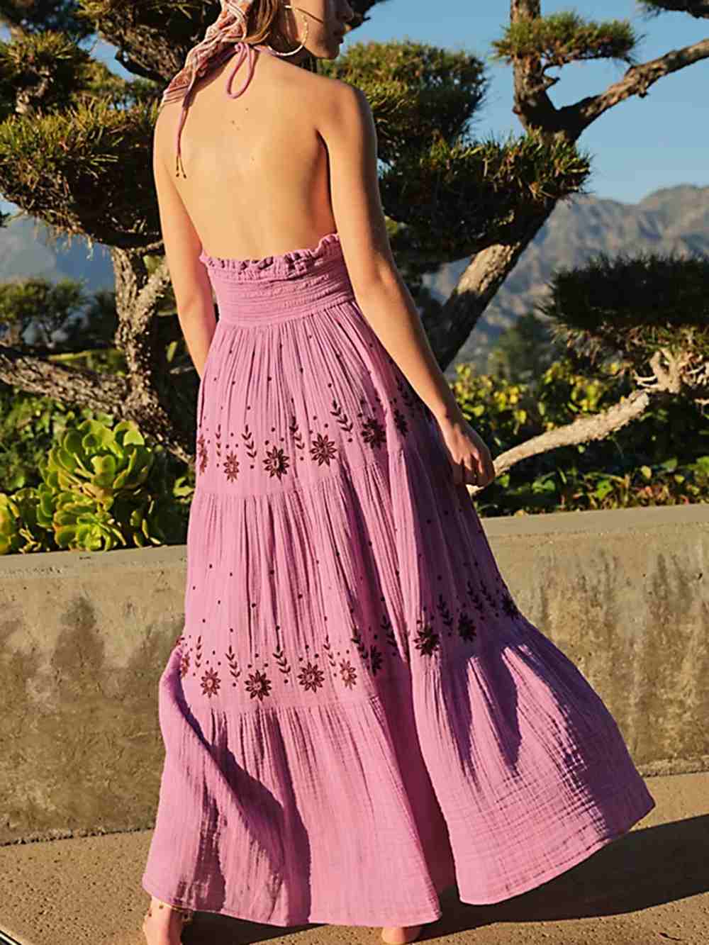 Floral Embroidery Plunging V-Neck Tie Waist Tiered Gauze Maxi Dress