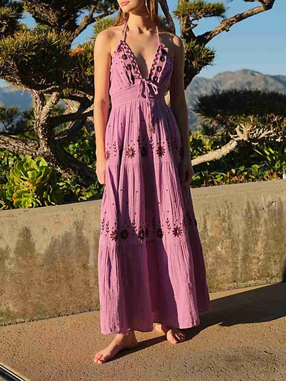 Floral Embroidery Plunging V-Neck Tie Waist Tiered Gauze Maxi Dress