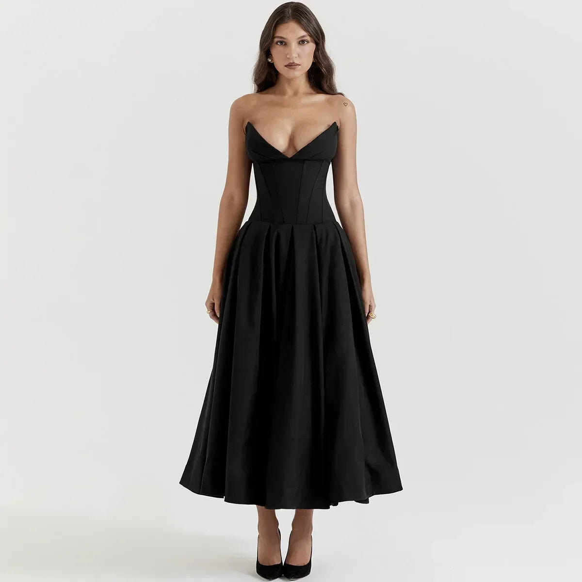 Strapless Plunging Sweetheart Corset Bodice Pleated A-Line Midi Dress