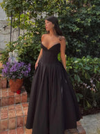 Strapless Plunging Sweetheart Corset Bodice Pleated A-Line Midi Dress