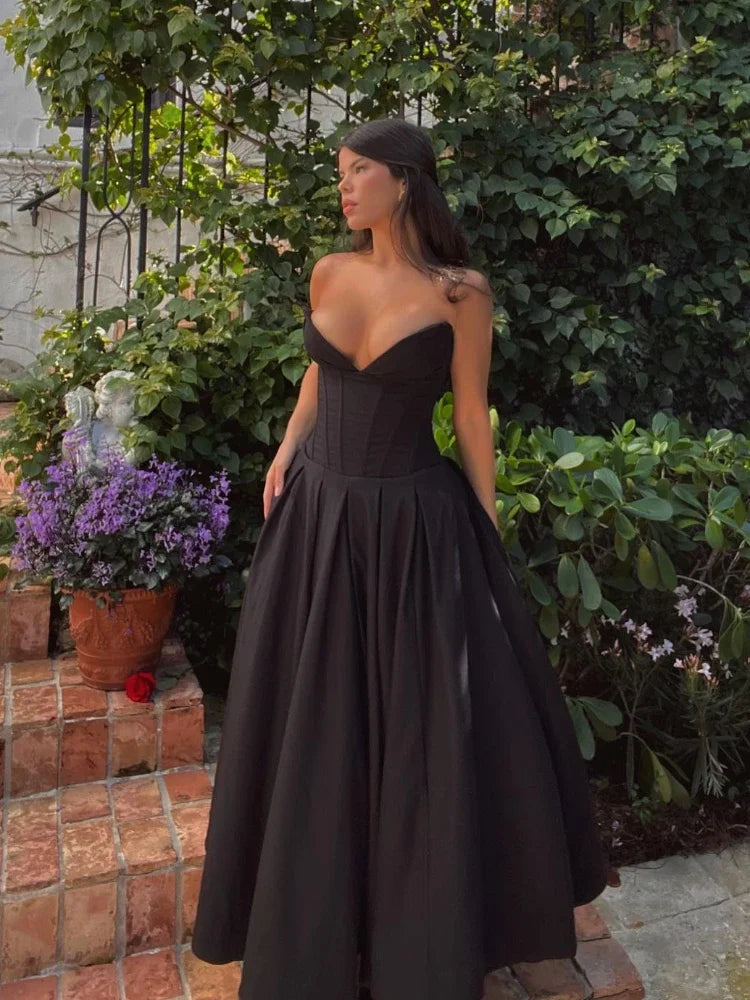 Strapless Plunging Sweetheart Corset Bodice Pleated A-Line Midi Dress
