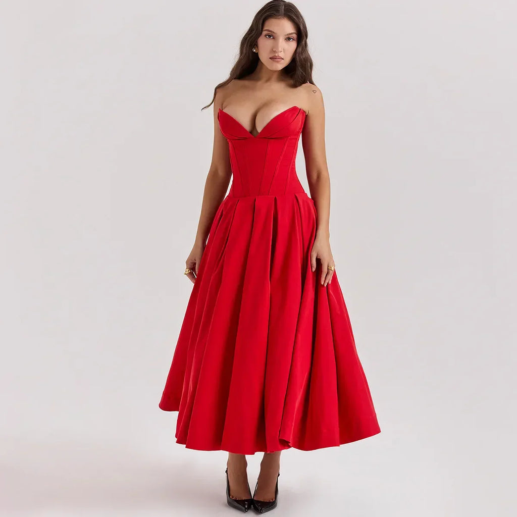Strapless Plunging Sweetheart Corset Bodice Pleated A-Line Midi Dress