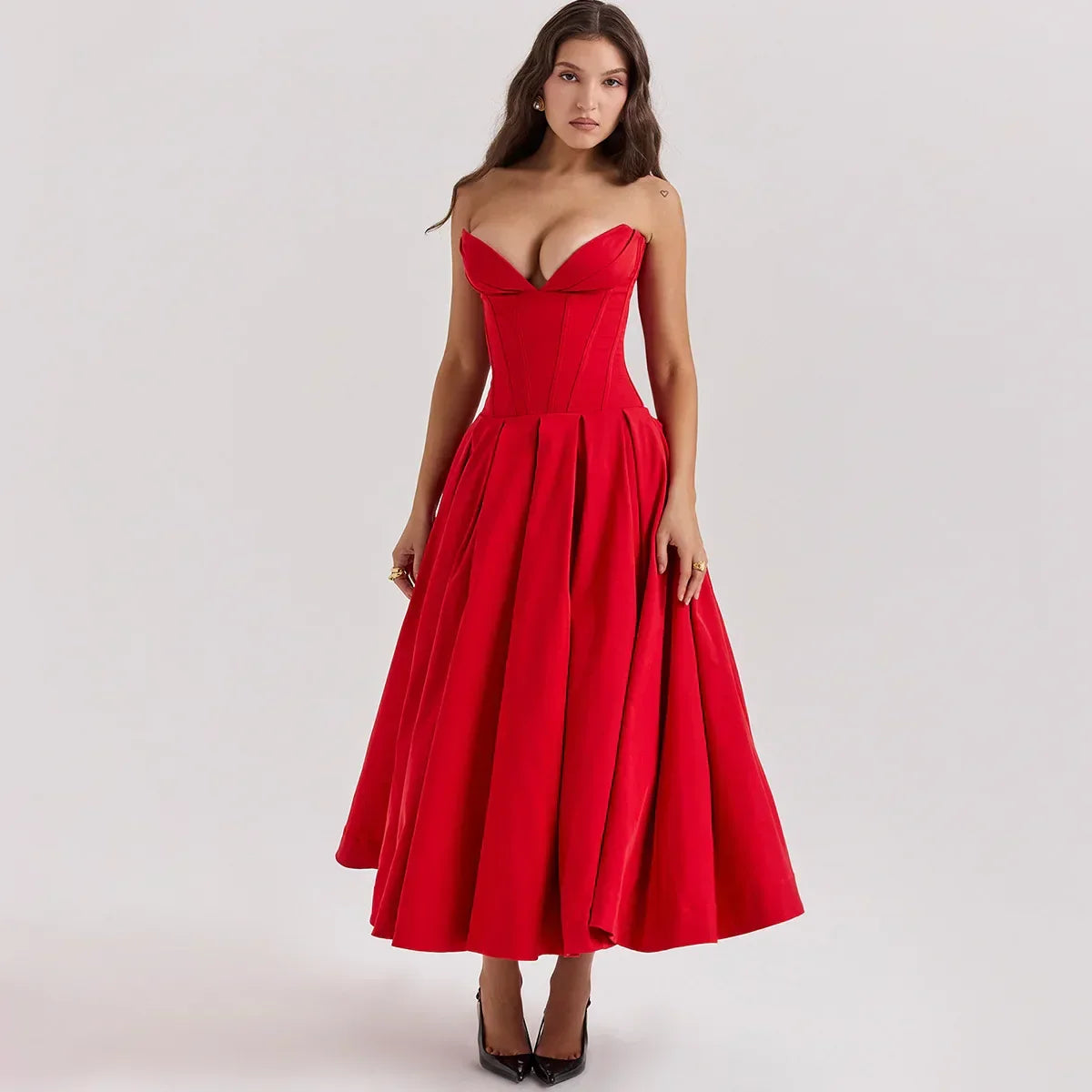 Strapless Plunging Sweetheart Corset Bodice Pleated A-Line Midi Dress
