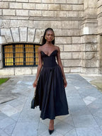Strapless Plunging Sweetheart Corset Bodice Pleated A-Line Midi Dress