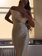 Asymmetric Cowl Neck Off Shoulder Draped Gathered Satin Midi Dress
