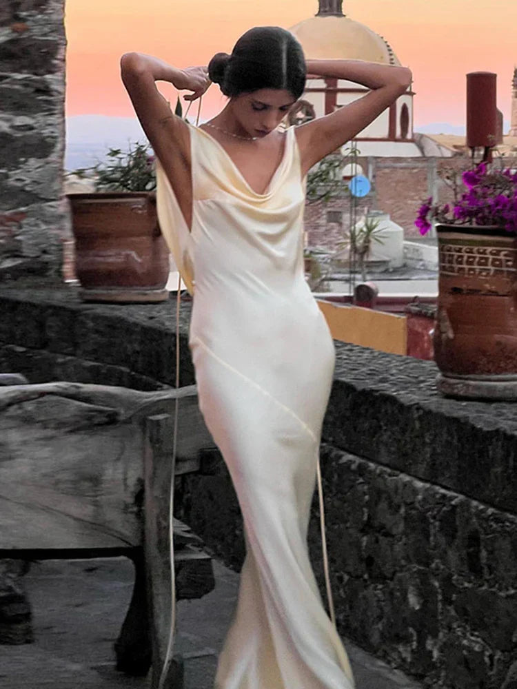 Asymmetric Cowl Neck Off Shoulder Draped Gathered Satin Midi Dress