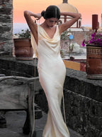 Asymmetric Cowl Neck Off Shoulder Draped Gathered Satin Midi Dress