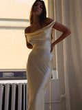 Asymmetric Cowl Neck Off Shoulder Draped Gathered Satin Midi Dress