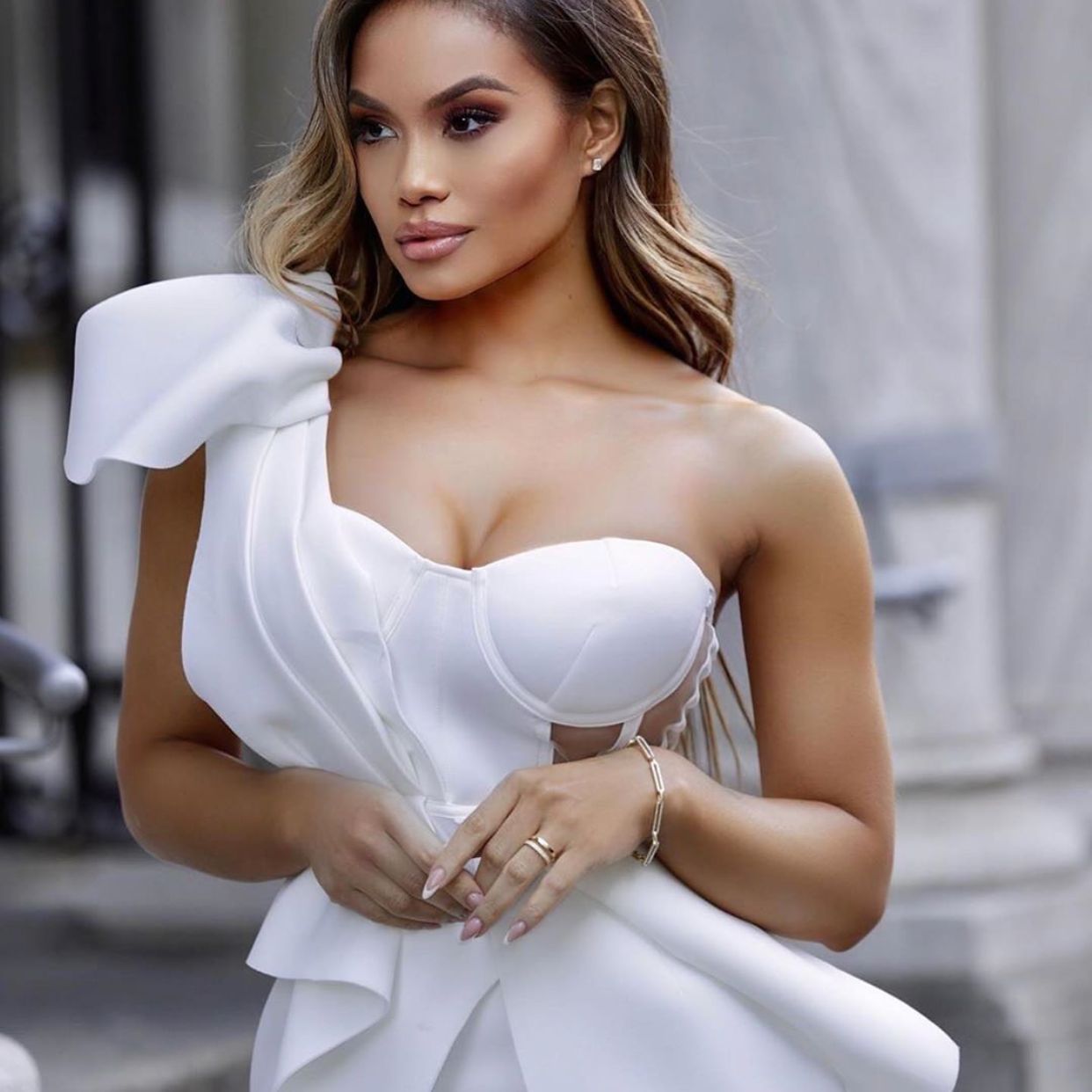 Adelle Bandage Corset-Style One Shoulder Dress with Bow
