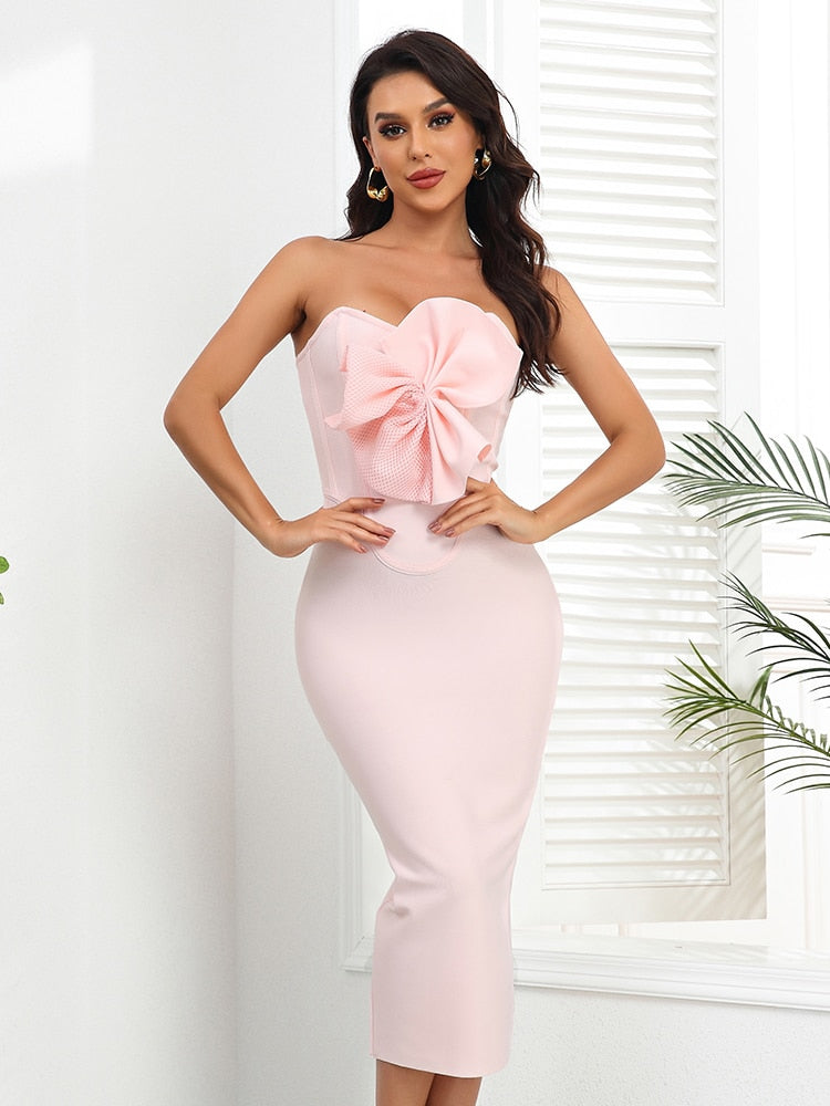 Adriana Bandage Strapless Dress with Bow