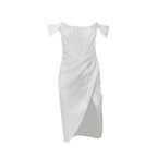 Alluring Satin Off-Shoulder Dress with Flowing Layers