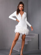 Axelle Long Sleeve Bandage Dress with Feather Skirt