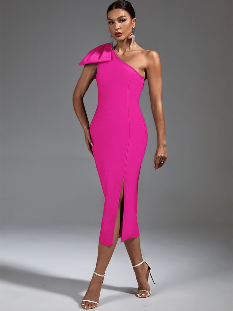 Claret Bandage One Shoulder Ruffle Midi Dress - One Shoulder Style