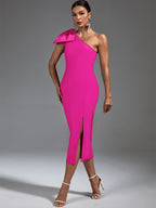 Claret Bandage One Shoulder Ruffle Midi Dress - One Shoulder Style