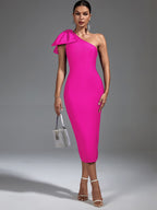 Claret Bandage One Shoulder Ruffle Midi Dress - One Shoulder Style