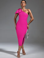 Claret Bandage One Shoulder Ruffle Midi Dress - One Shoulder Style