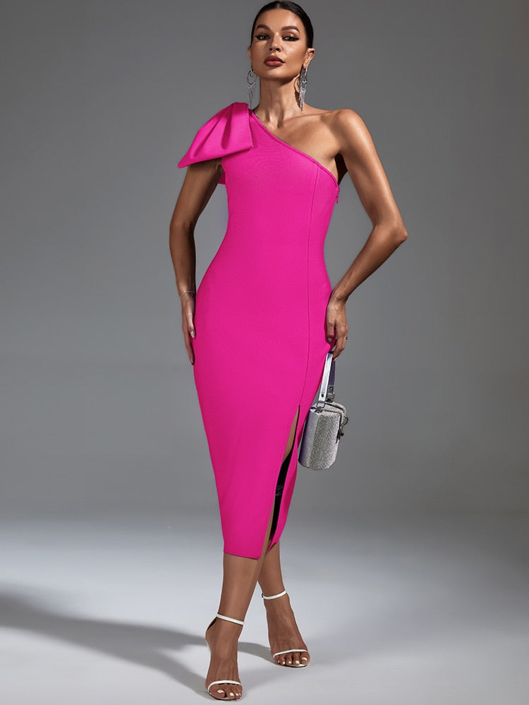 Claret Bandage One Shoulder Ruffle Midi Dress - One Shoulder Style