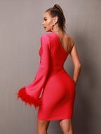 Eleanor One Shoulder Bandage Dress with Feather Embellishment