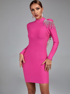 Irie Long Sleeve Bandage Dress with Rhinestone Tassels