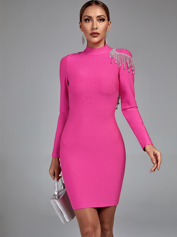 Irie Long Sleeve Bandage Dress with Rhinestone Tassels
