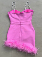 Luxurious Sparkling Rhinestone Feather Trim Bandage Dress